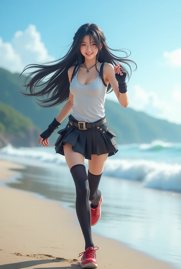 Beautiful girl in light yellow socks, Sky blue wave shoes, Big white leg super shorts, Belly button, Tights, Breasts, small flat chest, hair flowing, Smile, Gentle and warm standing in front of the cliff。