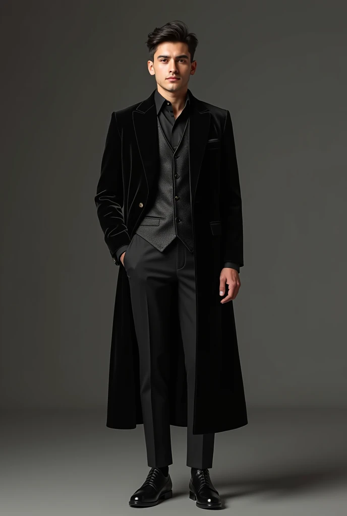 A Pakistan Man 20 years white skin and Black hair and black shining shirt and black waistcoat velvet and black pant formal velvet and black shining boots full outfits high quality 8k uhd upscale realistic