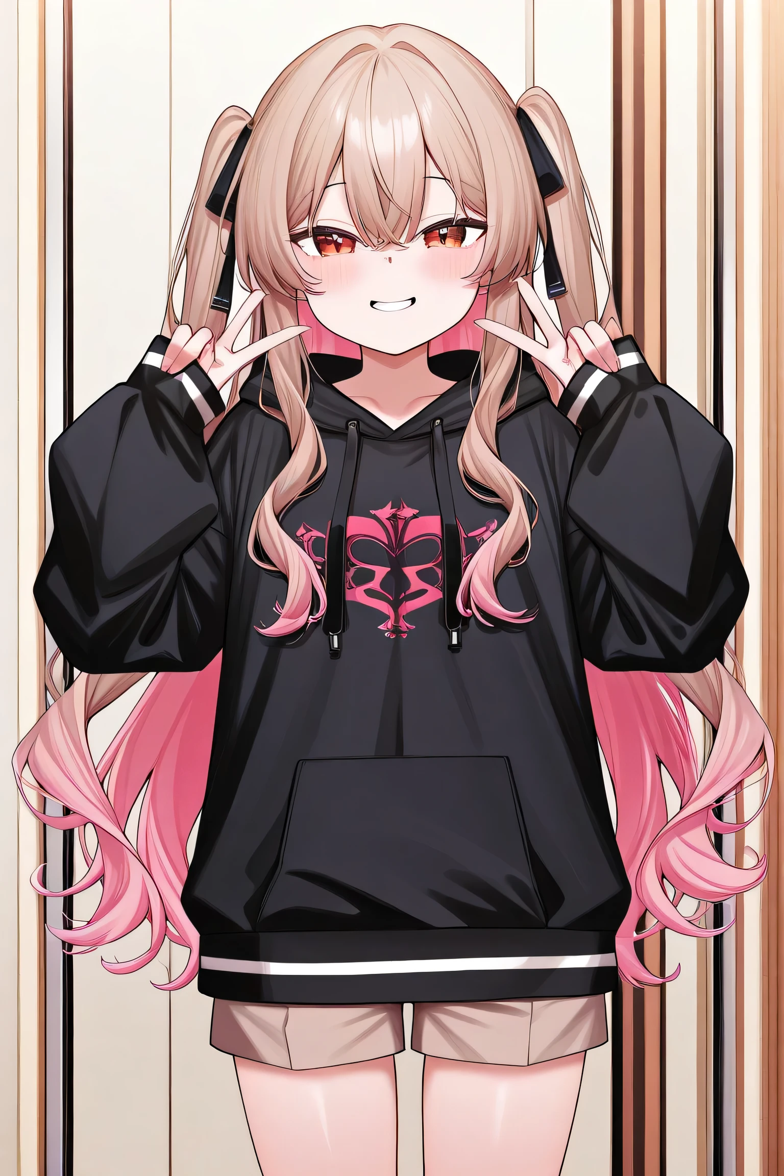 Mesugaki, Moe sleeves, black hoodie, shorts,smile,Light Brown,Side ribbon long hair,Half Twin Wave Long hair,The inside of the hair is pink and the outside is black.
