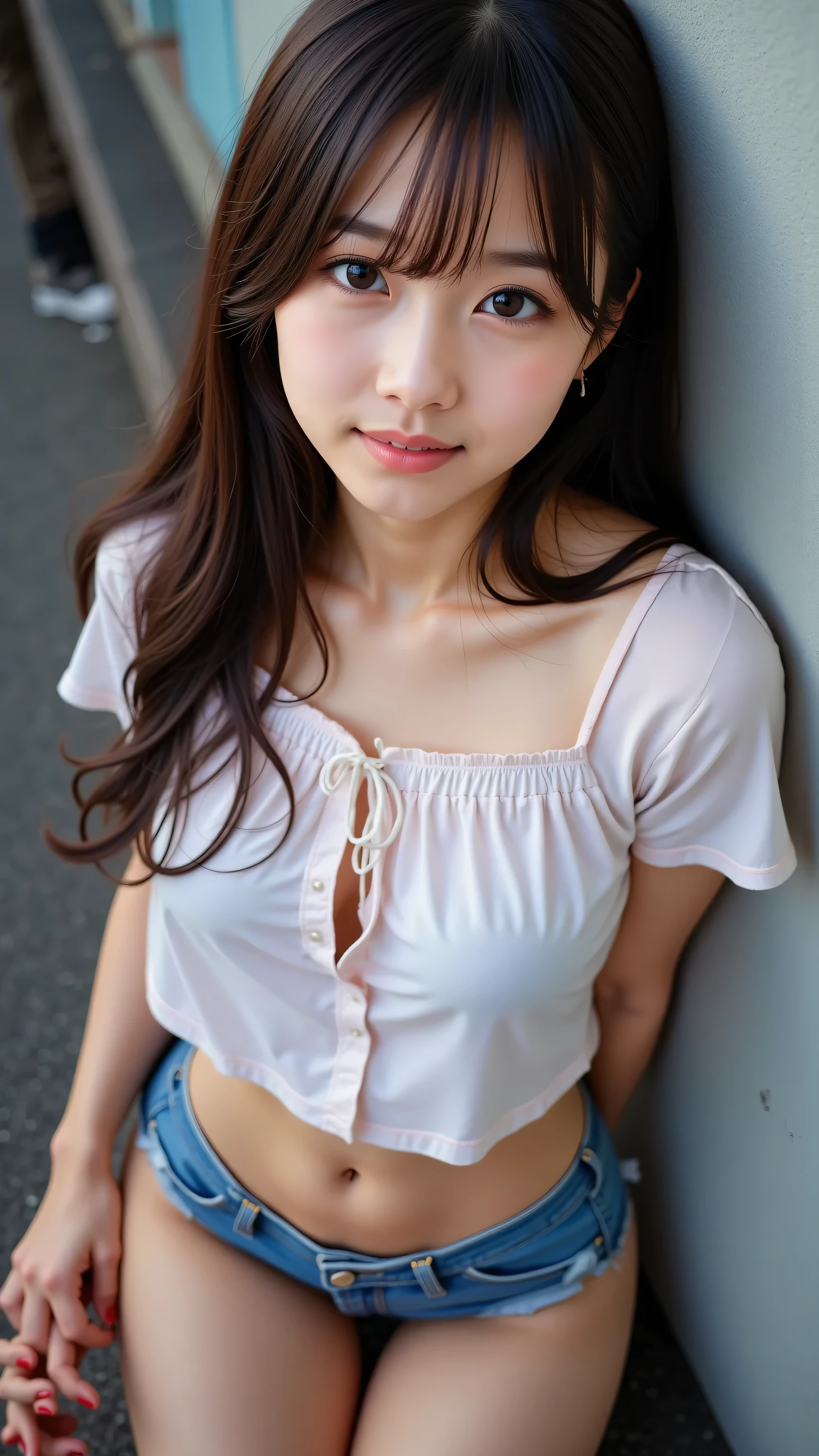 A confident short 18-year-old woman in a simple **American style uniform high school girl**, casually leaning against a wall. Her posture is relaxed, and she gazes directly at the camera with a calm yet engaging expression. Her long hair falls naturally around her shoulders, and the lighting softly highlights her features, creating a warm and approachable atmosphere. The background is minimal, emphasizing her presence and the simplicity of her outfit. The scene exudes a sense of confidence and ease, with a focus on natural beauty and comfort.(from direct above shot).
no distortions, no blurry details, no unrealistic proportions, no background clutter, no exaggerated features, no darkness or low contrast, no unnatural poses, no extra or missing limbs, no extra or missing fingers, no body or face distortion, no multiple hands, no deformed hands, no extra hands, no multiple hands or feet, no hands with more than five fingers, no strange shadows, no awkward positions, no unbalanced composition, no stiff posture, no underdeveloped anatomy