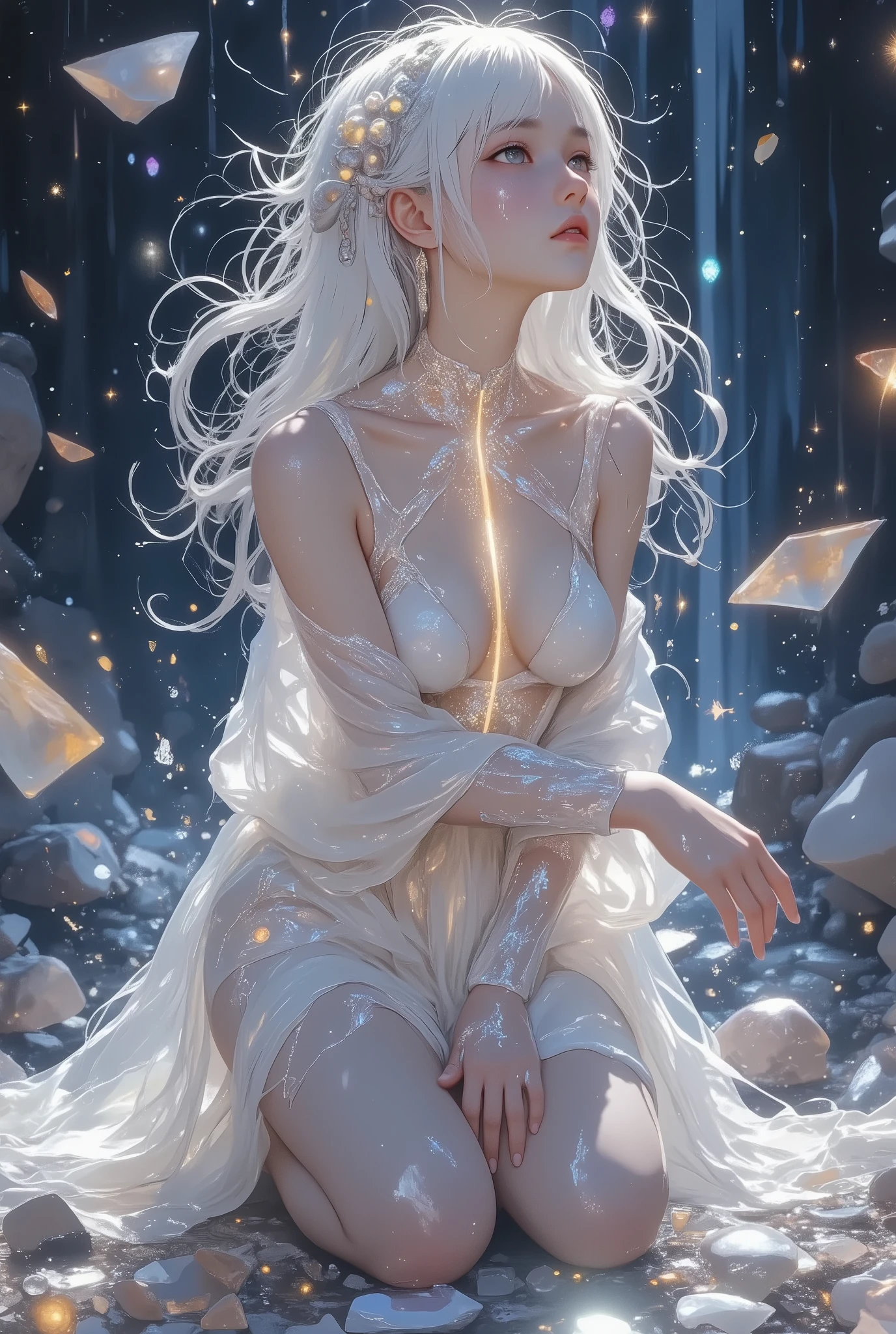 masterpiece, ultra-detailed, photorealistic, surreal composition, a fragile and otherworldly girl kneeling in a sea of shattered crystalline shards, her delicate crystalline skin shimmering with light that refracts and scatters in vivid prismatic hues, creating an ethereal glow that contrasts with the dark, ambient background. Her expression is filled with melancholic beauty, her translucent, tear-streaked cheeks reflecting faint glimmers of light, and her soft white hair flowing gracefully around her shoulders, catching the faint, starlit illumination.
Her vulnerable pose, with arms crossed gently over her knees, exudes quiet solitude, while her soft, flowing white drapery appears almost weightless, fluttering slightly as if caught by an invisible breeze. The reflective shards around her scatter and amplify the ambient light, creating dynamic fragments of brightness against the deep, shadowy void. Subtle stardust drifts through the scene, enhancing the mystical allure and lending a dreamlike quality to the composition.
Dramatic lighting emphasizes the interplay between light and shadow, with radiant light beams piercing through the cracks in her crystalline form, casting shimmering, kaleidoscopic patterns onto the reflective surface below. Soft volumetric lighting and glowing particles blend seamlessly with the delicate translucency of her skin, creating an atmosphere that is both serene and heartbreakingly fragile. The environment is imbued with a melancholic yet mystical energy, as if the scene captures a fleeting moment of profound beauty and quiet despair.
Advanced techniques such as glazing and airbrushing enhance the subtle transitions between light and shadow, while dynamic lighting and vibrant color grading intensify the surreal and cinematic feel of the composition. The interplay of luminous shards, refracted light, and soft textures creates a sense of broken elegance, with every detail meticulously crafted to convey vulnerability, ethereal beauty, and