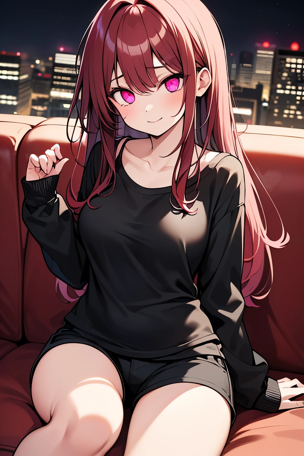 1 girl, (hot girl), (long dark red hair), pink eyes, (hypnotic), (mind-controll), (brainwashing), (5ft 6 inches tall), (casual long-sleeve shirt and shorts with thigh-high socks), (slender abs), (skinny-voluptuous body shape), medium breasts, medium ass, wide legs, (sitting on couch), (city background), (nighttime). 94k quality image), (detailed face), (detailed eyes). (Posing for viewer).
