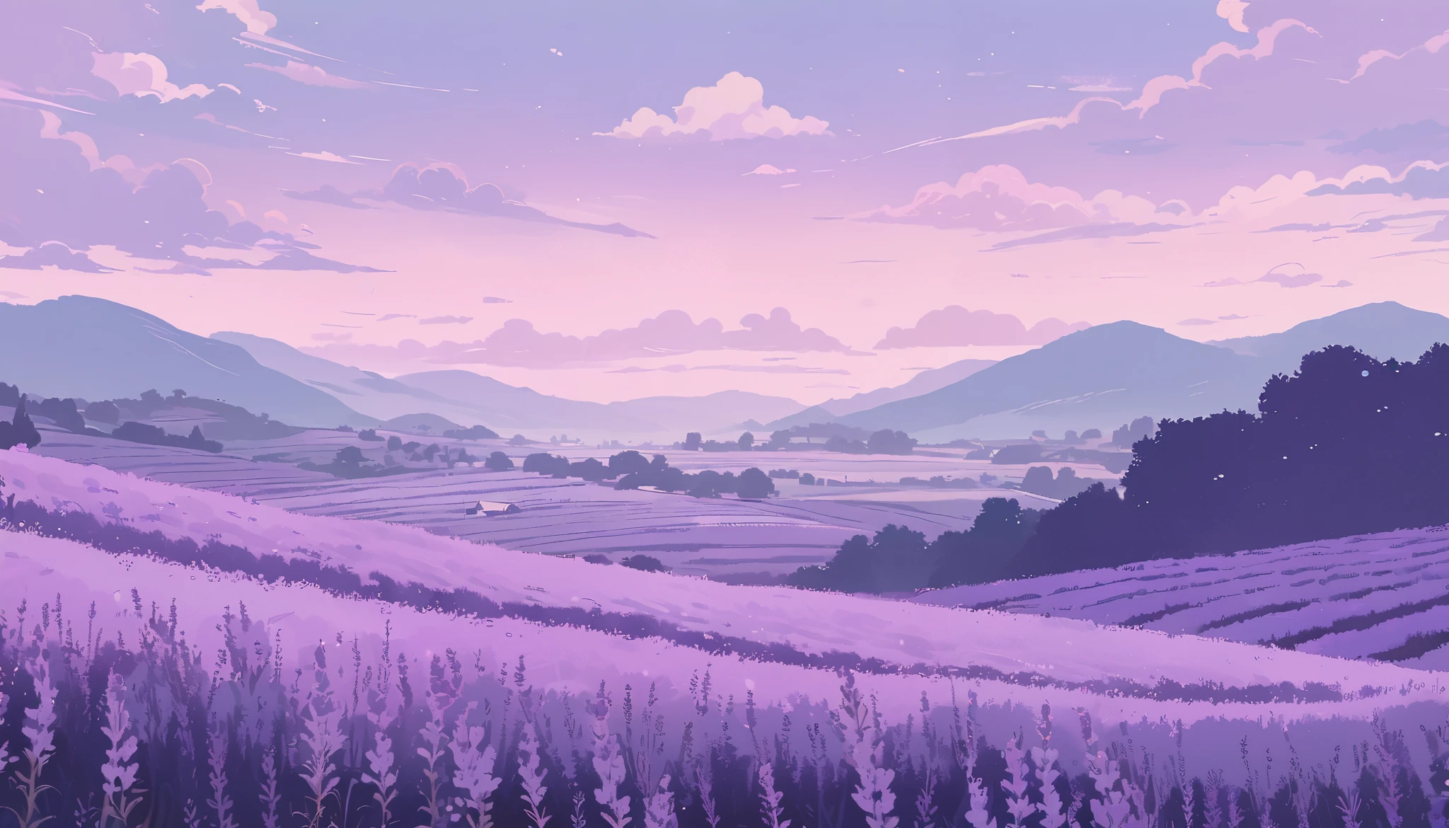 LAVENDER landscape , Pastel Purple Colors ,,Ghibli style ,Lofi ,cute ,Cozy , Landscape Wide Field Ultrawide Purple tone