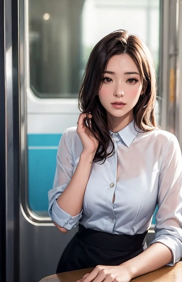 Australian nifty girl, (22 years old), in the bus, evening, bosomy, ponytail, arrogant expression, (from top view), (masterpiece, best quality, highly detailed, hyper realistic) 