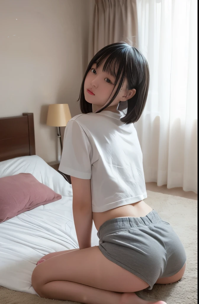 Beautiful young man dressed as a boy at a Japanese elementary school in the 1970s.,she is cute and beautiful like an idol.,She is pure and innocent.,She is wearing a T-shirt,Extremely short, tight, and skinny denim shorts,High socks and sneakers.Japanese,Black short bob,Lying in bed