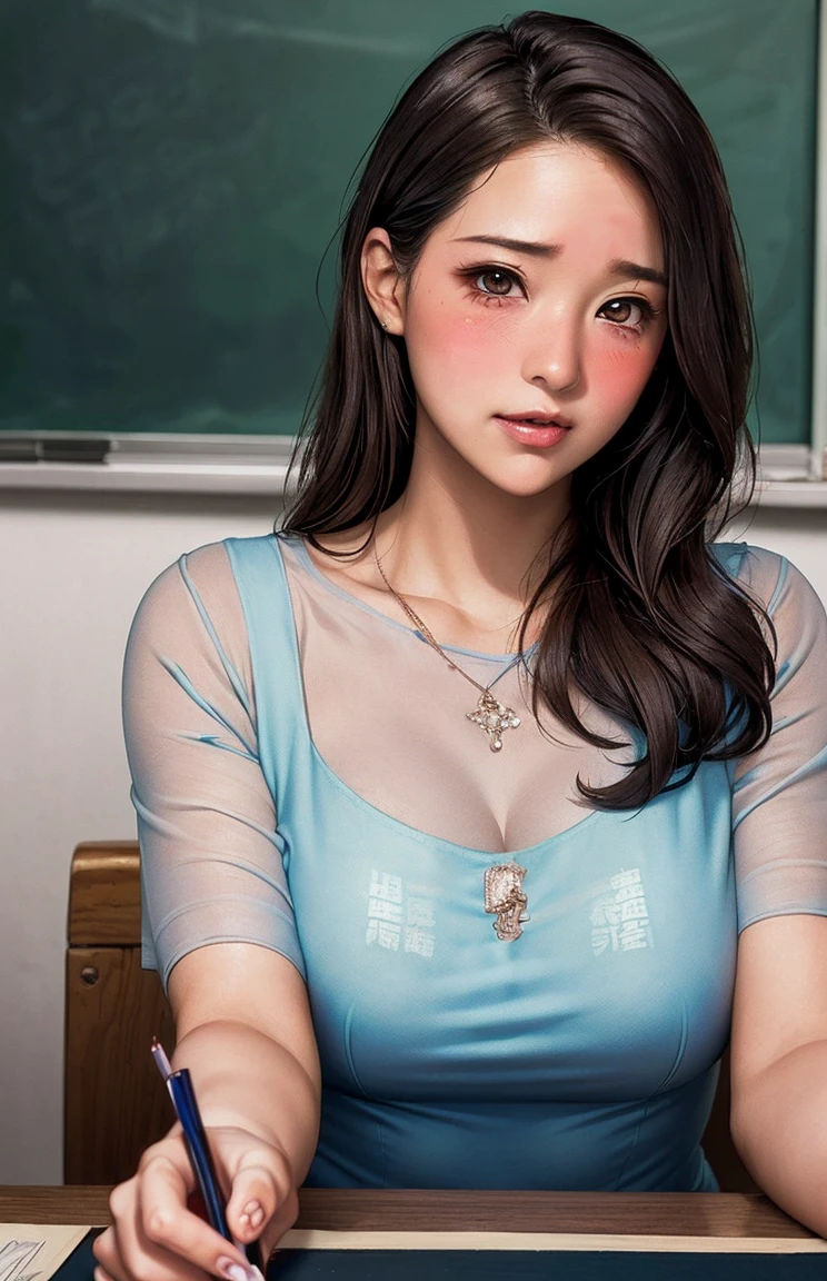 absurd, Raw photo, very delicate and beautiful, table top, highest quality, ultra high resolution, 16K, Super realistic, realistic, realistic, Photoreal, Super detailed, perfect anatomy, super dense skin, perfect figure, Highly detailed CG 8k wallpaper, 20's, Very slim body, tight waist, very small head, very small face, delicate features, Tears mole, earrings, thin legs, (very huge round breasts), (full body shot:1.2), short hair, (wavy hair), (light brown hair:1.2), (wet clothes), (1 girl:1.4), (school uniform:1.3), shirt,big breasts