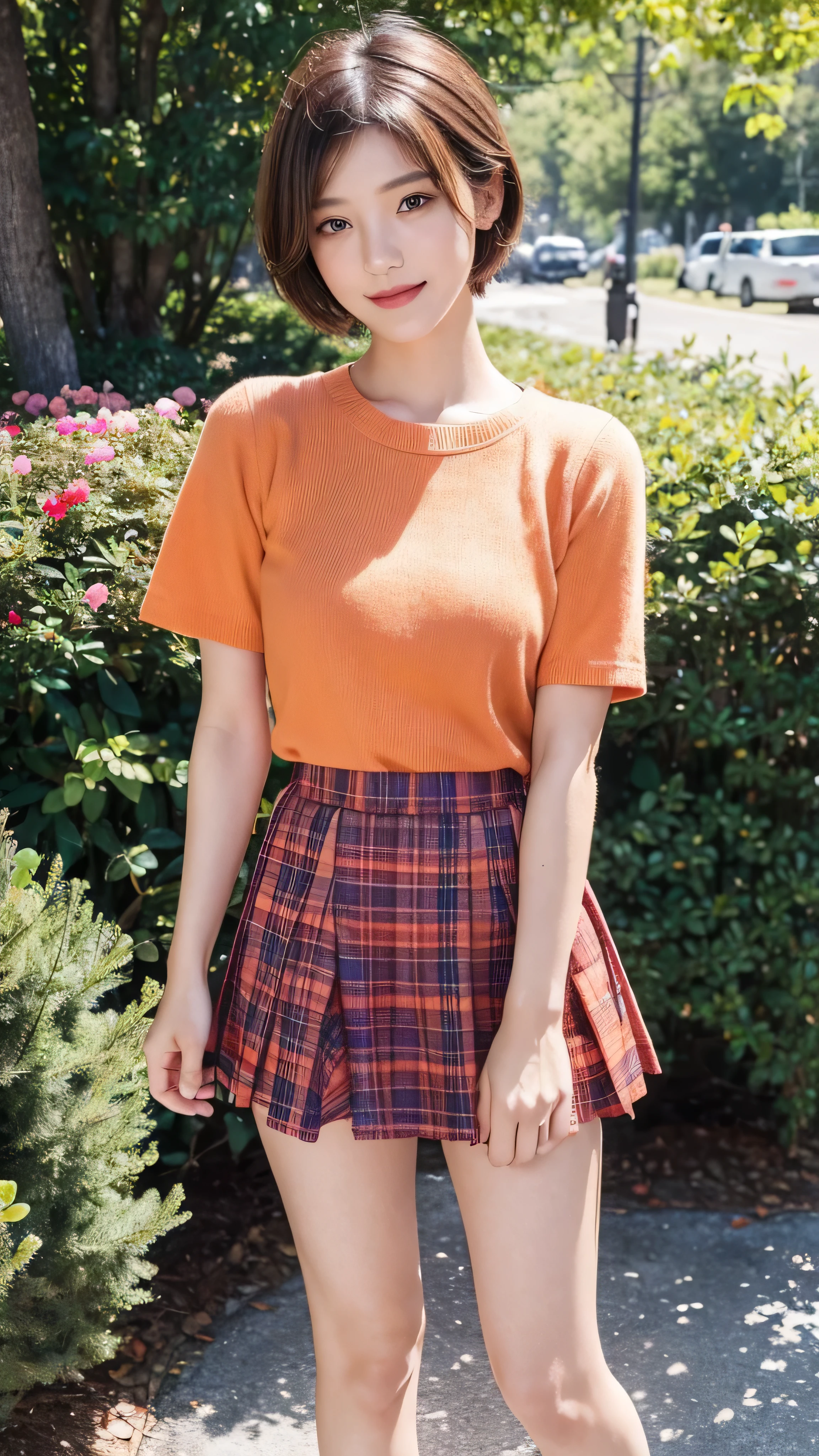 top quality, masterpiece, Ultra High Resolution, film grain, membrane, 1 girl, viewers, natural skin texture , realistic eye and face details, lipstick, (compensate), red eyeshadow, fluffy short hair , messy hair, smile, legs , 美しいfoot, tall woman, skinny, slim_foot, Alone, ultra short skirt , Beautiful natural place, Around the flower place, ( detailed background ), plaid skirt, orange shirt,, Face Details , Full body high definition picture loafers , outdoor, plaid skirt