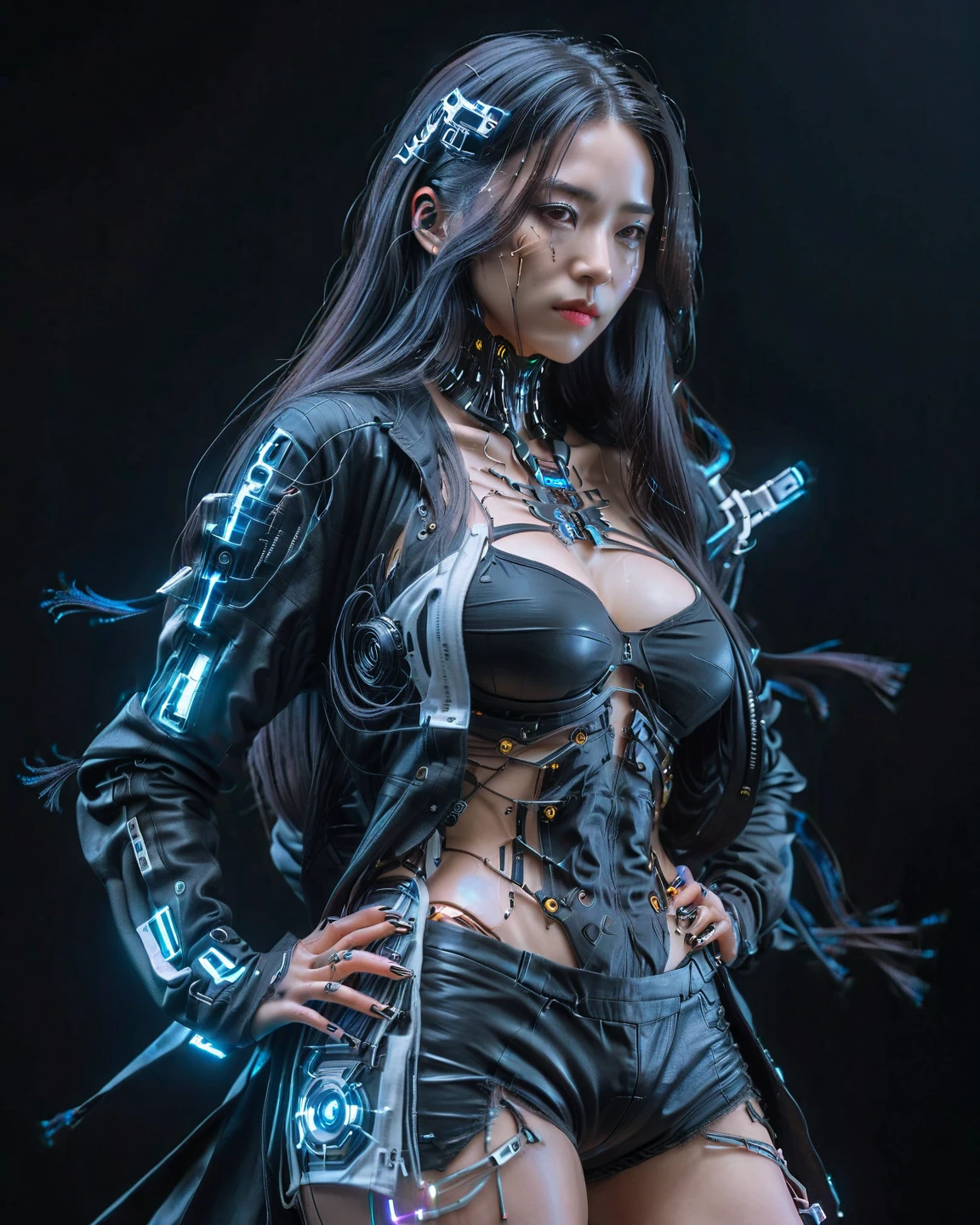  Ultra Realistic Capture  ,18k, photos, top quality,Masterpiece,reality,   very detailedな ,シャープな photos, cyberpunk, very beautiful woman, very long hair, oversized tech wear, jacket , slender,Black background,Porcelain-like skin ,led, very detailed,  ultra high definition,  high detail, random posing,