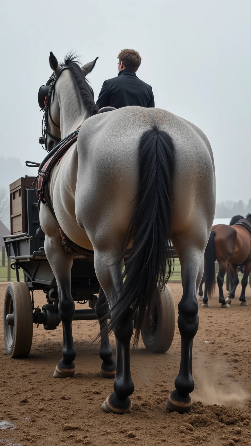 full rear view of a very large fat very hairy (1,200) black(1,100) cob type horse stallion with 2 big lumps of horse dung (1,50) dropping to the ground out of rectum at the centre of a big bum and sliding down legs. huge volume of light yellow urine pouring out of erect horse penis flooding (1,10) the ground under horse. facing away from view point - towards horizon. open rectum and anus in full view tail to left side. ((masterpiece)), ((best quality)), ((highres)), ((extremely detailed)), (( long distance back view)), (super realistic) . anatomically correct. open field. bright sunny sky. (head(1,10), body, legs, hooves,(2.5)). hairy horse. 5 piles of horse dung around back of horse.