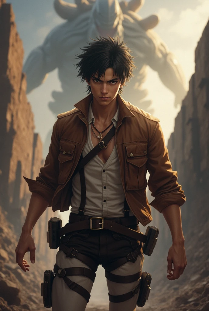 best quality, masterpiece, (realistic: 1.2), 1 man, Eren Jaeger, real life, live action, black jeans, black pants, brown hair, attack on Titan, abs, muscle, shirtless, sunset background, fitness, fit body, slim body, skinny muscles, high definition, high quality, walking, manbun, tied hair, man-bun, loose pants, loose jeans, black jeans