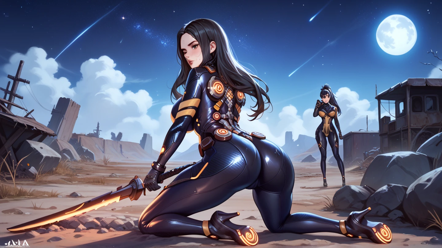 Widowmaker (Overwatch), back view, big ass, perfect breast, beautiful, sexy, slim, cute, highly detailed, deep focused image, realistic full-lenght photo, sexy gold and black jumpsuit