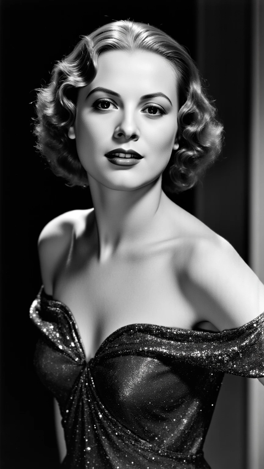 Maureen O'Hara dressed in clothes made of diamonds and smiling