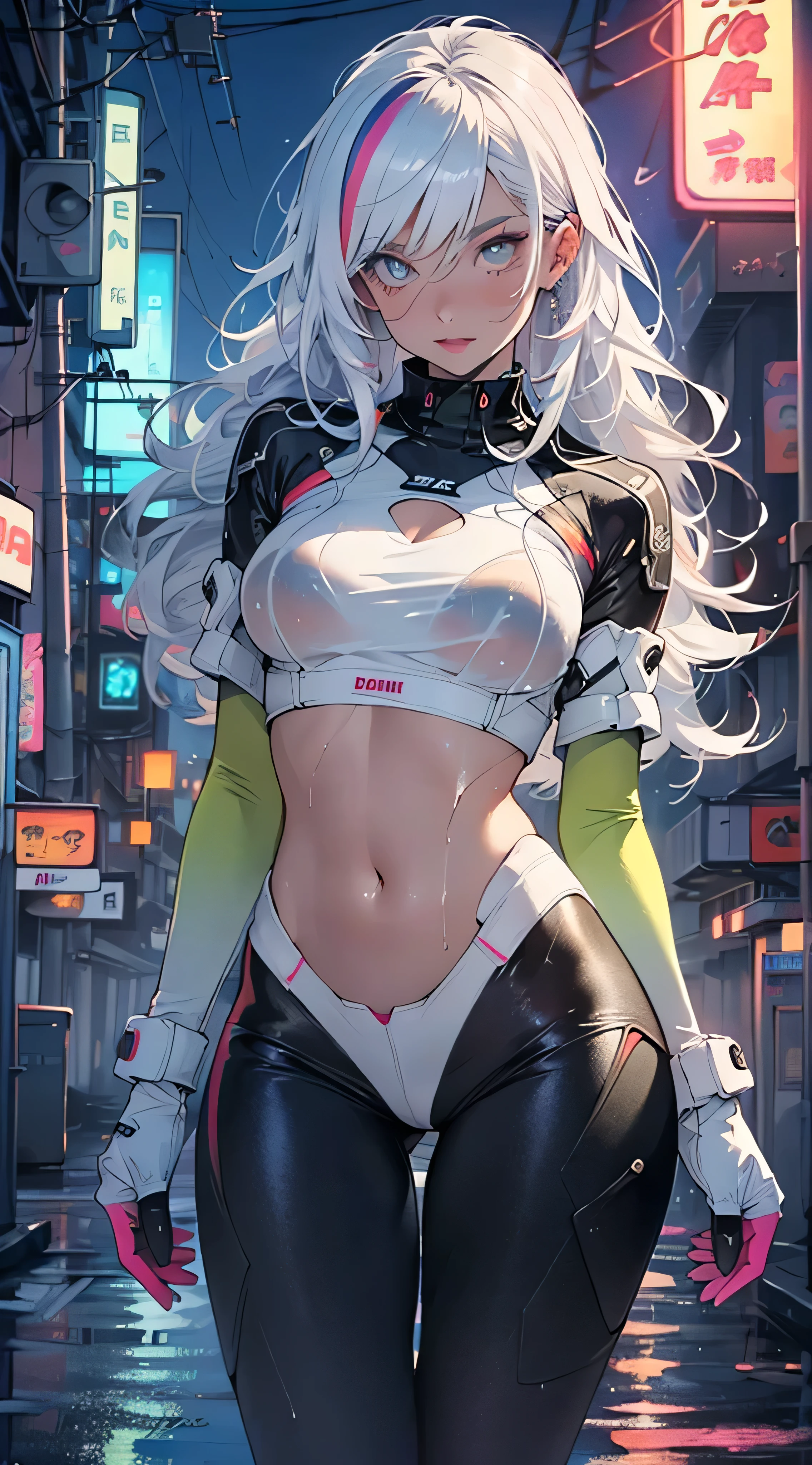 ((masterpiece )), (top quality), (best quality), ((ultra-detailed, 8k quality)), Aesthetics, Cinematic lighting, (detailed line art), absurdres, (best composition), (high-resolution), (zentangle, mandala, tangle, entangle), (fractal art:1.3), 
BREAK,
cyberpunk dark elf woman tech wear uniform, white and yellow techwear clothing, yellow and black safety tapes, Simon Bisley style. orange jacket, industrial setting, cables and pipes, ventilation ducts, ((( orange cr ))), ((adult face)), abandoned building, Dynamic pose, neon-lit cyberpunk cityscape, dark atmosphere, ((full moon sky)), (dark night Background), artstation, concept art, illustration in cyberpunk style by Yoji Shinkawa, by Mikimoto Haruhiko, 
BREAK,
highly detailed of (dark elf), (1girl), solo, perfect face, details eye, ahoge, ((long hair:1.2)), (hair over one eye:1.3), [[Messy hair]], shiny blonde white hair, violet eyes, multicolored eyes, multicolored hair, glowing eyes, bright pupils, facial marks, (eyelashes, eyeshadow, pink eyeshadow), smile, design art by Mikimoto Haruhiko, by Kawacy, By Yoshitaka Amano,
BREAK, 
((perfect anatomy)), nice body, medium breast, (extremely detailed finger), best hands, perfect face, beautiful face, beautiful eyes, perfect eyes, (perfect fingers), correct anatomy, ((dark skin:1.2)),