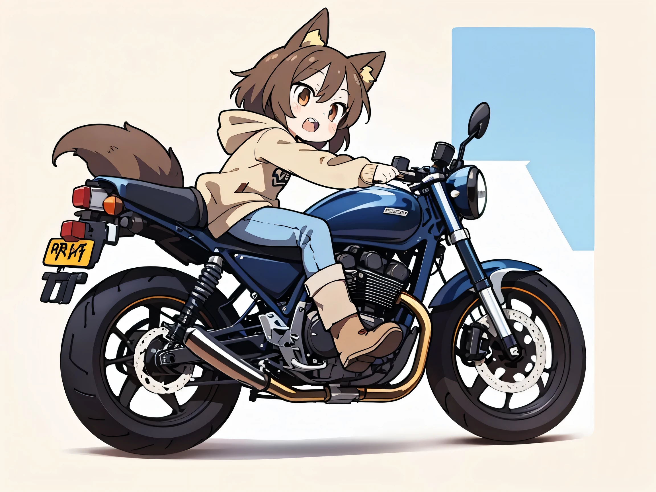 dark blue motorcycle、 anime style、Fox Ears、 girl、 brown hair、 beige hoodie、 denim、 boots、 double teeth、 riding a motorcycle