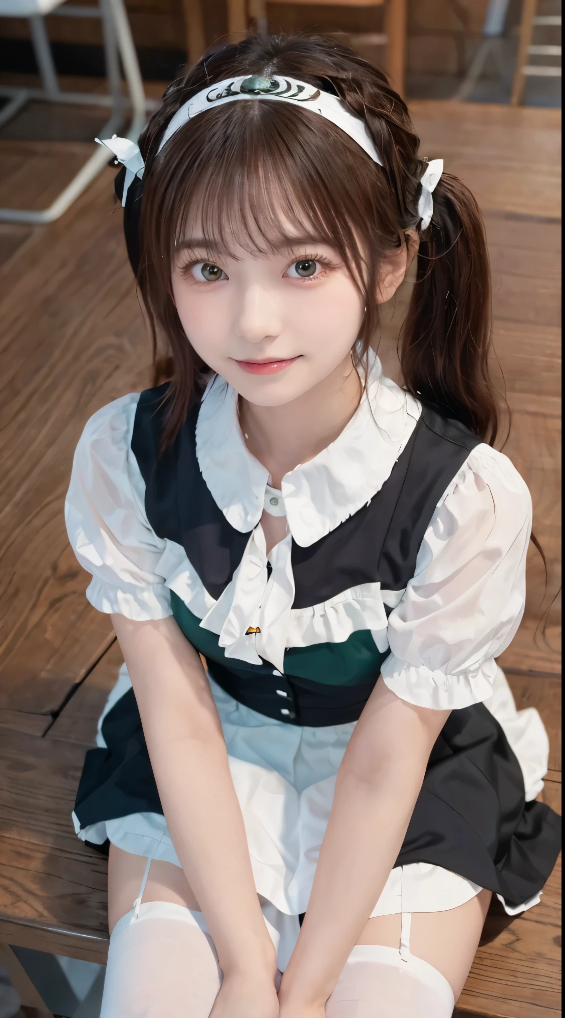 table top, top quality, shape, 非常に Detailsな, Details, high resolution, 8k wallpaper, perfect dynamic composition, ((close:1.3, from above, and watch the viewers)), beautiful details , (Wearing a cotton maid outfit, , Cute ruffled girl dress, maid headband with a gentle smile, The base color is white、black、green), Twin Tails