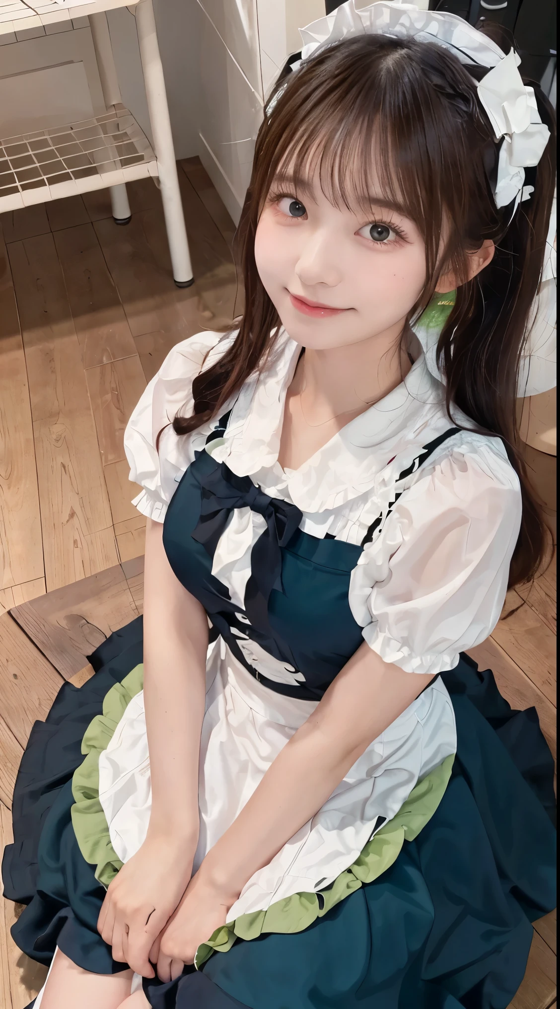table top, top quality, shape, 非常に Detailsな, Details, high resolution, 8k wallpaper, perfect dynamic composition, ((close:1.3, from above, and watch the viewers)), beautiful details , (Wearing a cotton maid outfit, , Cute ruffled girl dress, maid headband with a gentle smile, The base color is white、black、green), Twin Tails