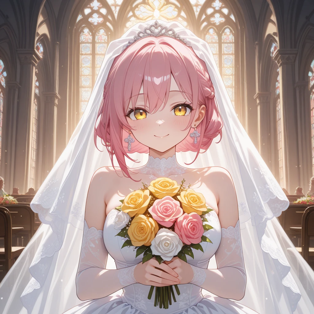 (8K, masutepiece, Best Quality, Official art, Breathtaking beauty and aesthetics, A highly Beautiful detailed, beautiful lighting, The best masterpiece in history that exceeds limits:1.2), (1 Girl, Solo), (16 years old), (Beautiful detailed face), (shiny white skin), (Beautiful detailed pink twin tails hair, Bangs:1.3), (beautiful detailed drooping pink eyes:1.5), break, (Beautiful white wedding dress, Beautiful detailed white See-through intricate lace, Wedding Veil, bow ribbon, frills, silver thread), (Beautiful Luxurious Diamonds Tiara), (Beautiful big bust, valley:1.3), (happy smile:1.2), (Attractive, Elegant, Luxurious, Look at the camera, cute pose), breathtaking scenery, (ultra detailed realistic beautiful Luxurious chapel, bell, blue sky, Wedding, bouquet :1.2),