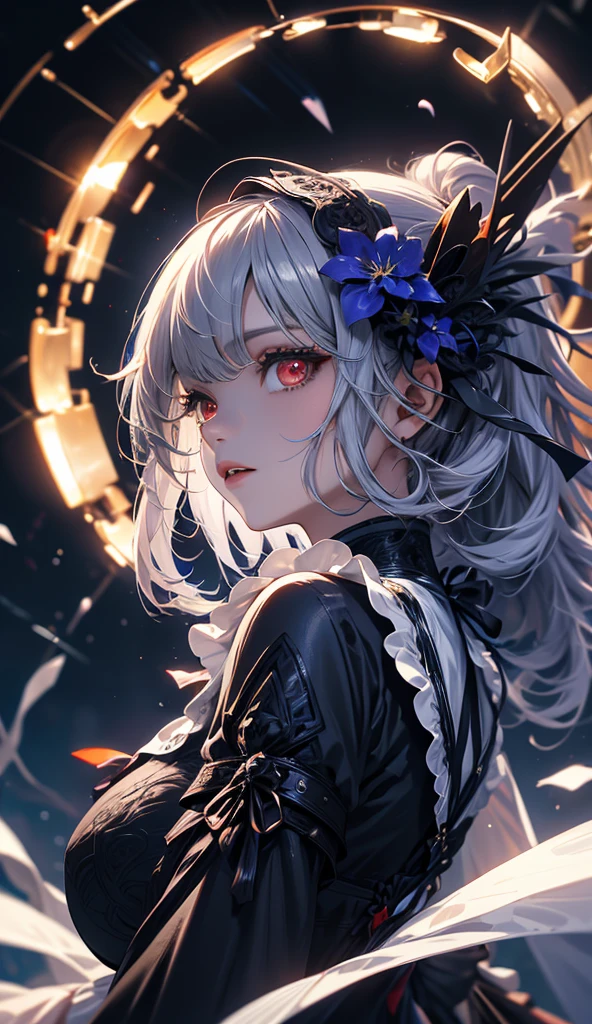 (best quality, Detailed background, high resolution, absurd, bloom, disheveled hair, shiny hair, Exposure to light, smart student, Focused and meticulous eyes),
1 Girl, earpiece, long hair, silver hair, Large target_breast, Put your hands behind your back, daytime, outdoor, forest, water, Creek,
hair_Decorations, (hair over one eye),  Upper Body, portrait,
