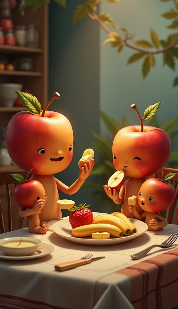 Surreal scene, a family of fruit people (apples, pears, grapes, cherries, etc) lounge around the living room playing on their cell phones, one the coffee table is a bowl of fresh humans