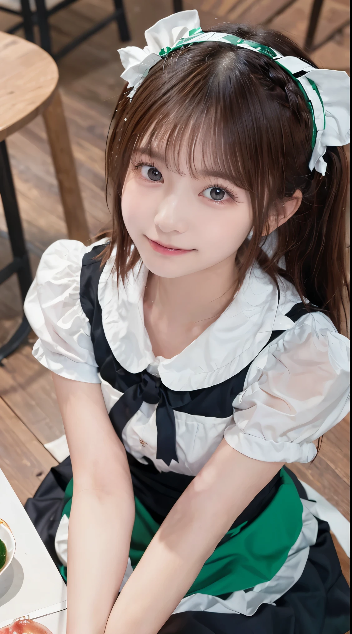  table top,  top quality, shape, 非常に Detailsな,  Details,  high resolution,  8k wallpaper,  perfect dynamic composition, ((close:1.3,  from above,   and watch the viewers)),   beautiful details , (Wearing a cotton maid outfit, , Cute ruffled girl dress,  maid headband with a gentle smile, The base color is white、black、green), Twin Tails