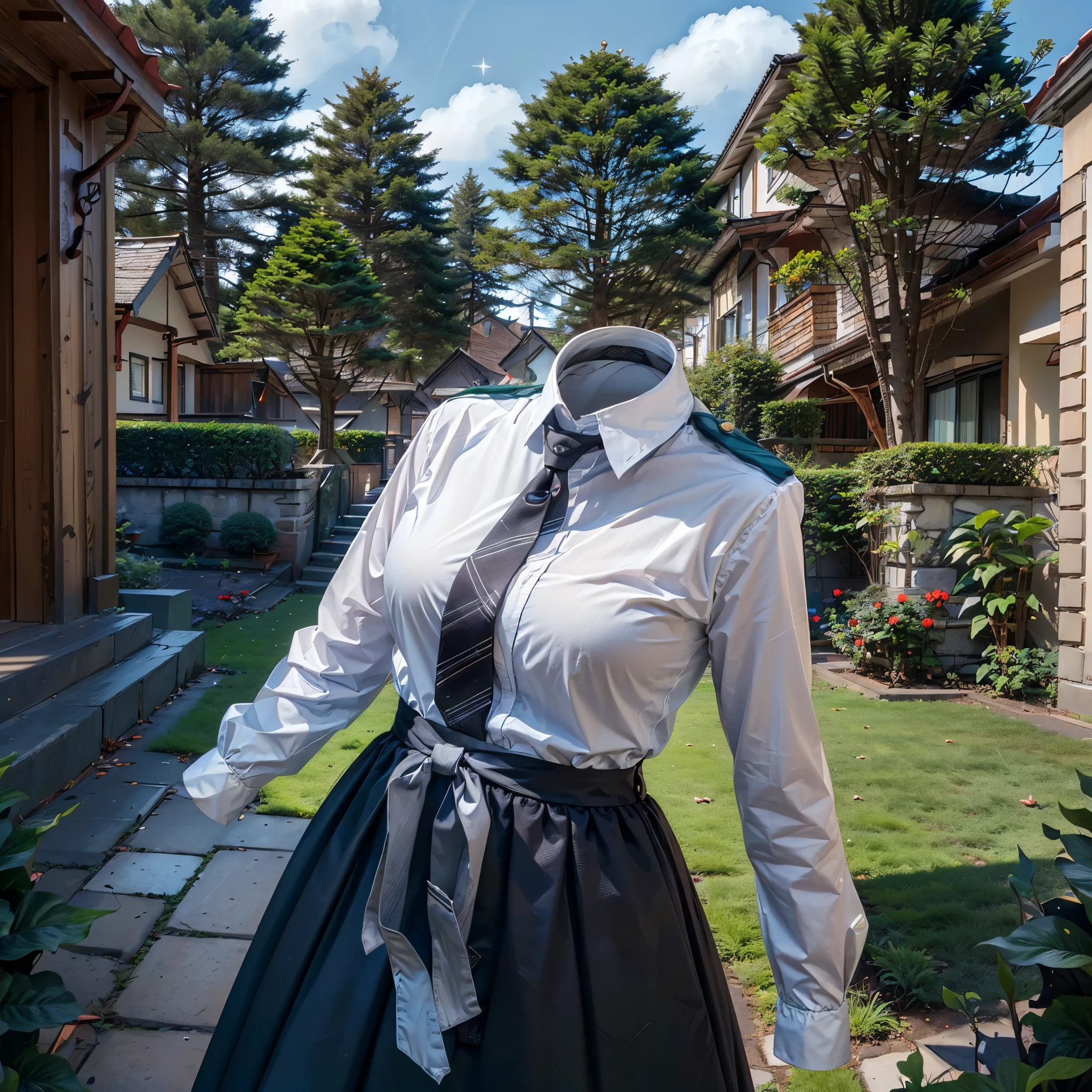(invisible, no humans, headless, handless, faceless:1.5), 1girl, highres, stripe tie, school uniform, black dress, red ribbon, long sleeves, neck ribbon, school jacket, collared dress, in garden, photon mapping, radiosity, ((Hasselblad photography)), physically-based rendering, detailed cloth texture, arched back