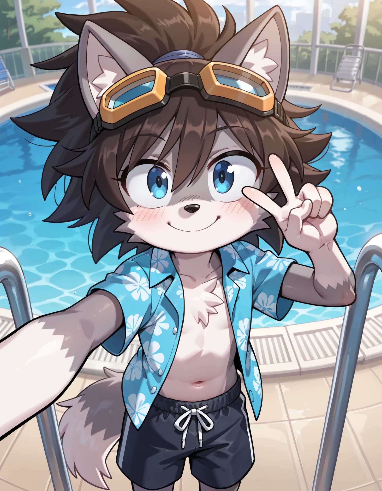 ((Furry, kemono)), 2D boy Shota, swimming suit,standing,goggles,border collie ear, dog tail