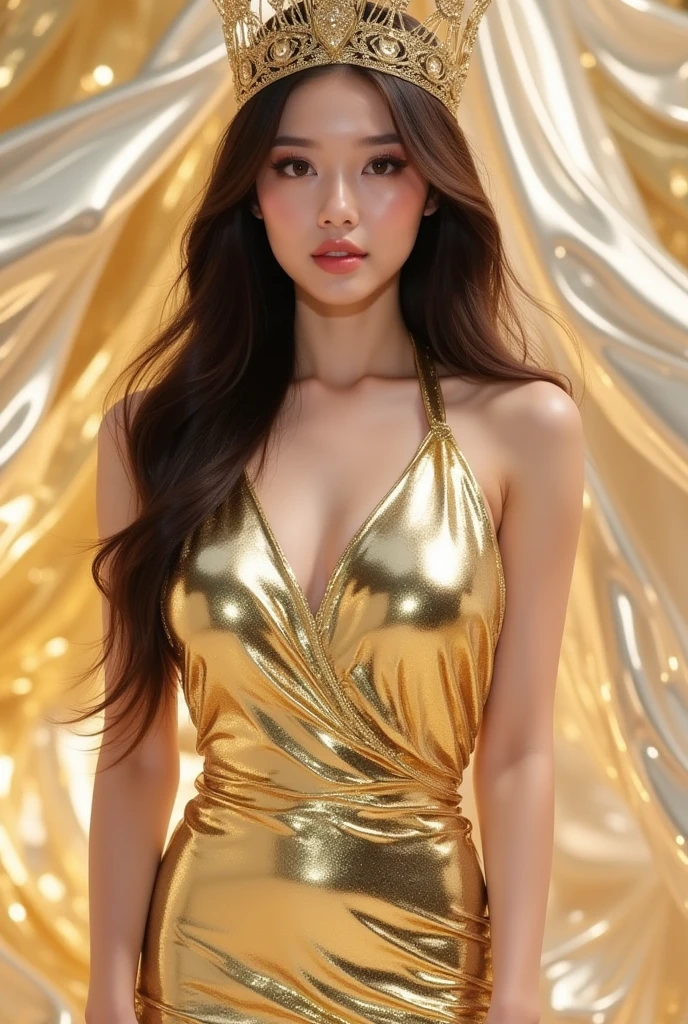 extremely beautiful nami (one piece), subtle makeup, golden hour, photorealistic, high contrast, 8k HD, detailed, hyper-detailed, realistic skin texture, orange long hair, bikini top only, blue pants, large breast, best quality, ultra high res, raw photo, dramatic lighting, unreal engine, diffuse glow, outdoor, realistic detailed onep piece pirate ship, treasure chest, gold, gold coins, gold bars.