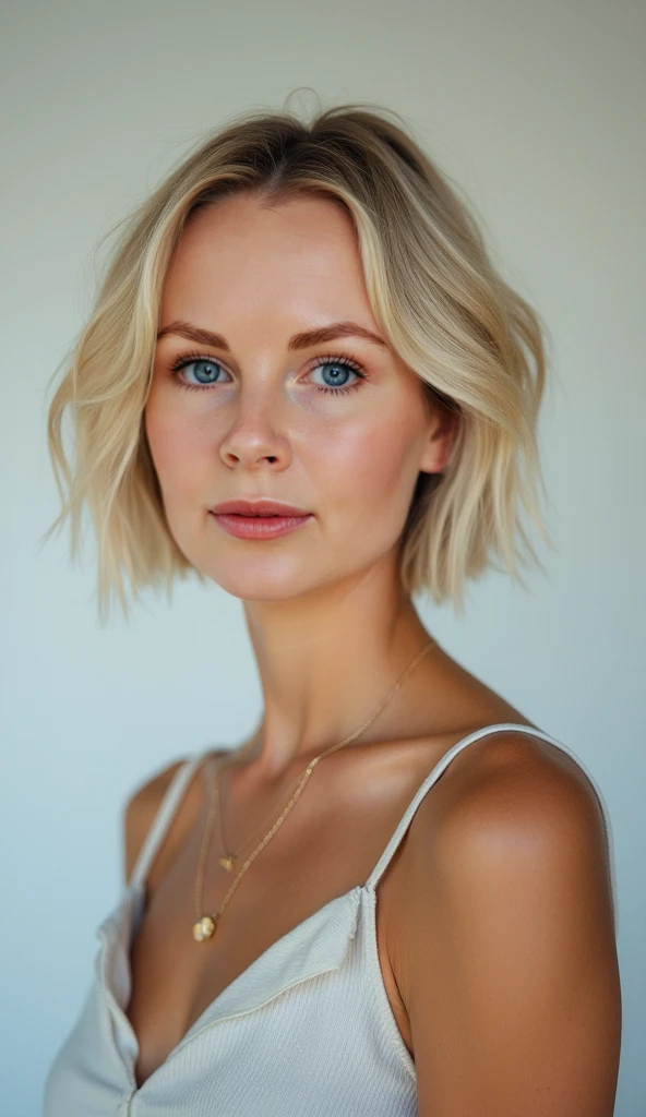 a woman with blonde hair and a striped shirt is smiling at the camera with her arms crossed and her hand on her chest,Carey Morris,promotional image,a character portrait,precisionism,realistic skin details,realistic hair details,makeup,eyeliner,lipstick,(freckles:0.3),red lips:1,eyeliner:0.9,