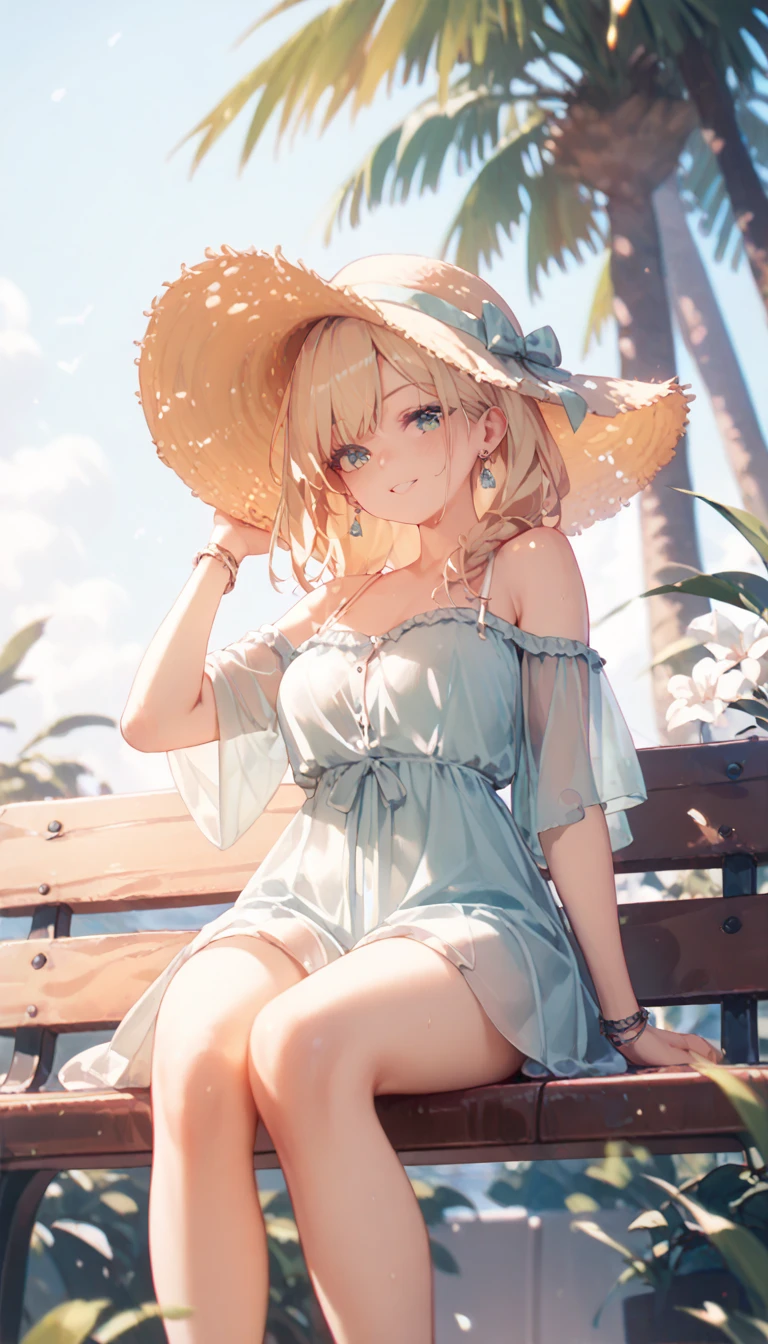MistyCyber, short blonde hair, green eyes, choker, wearing a dress, up skirt, underwear, jewellery, sandals, looking happy, smiling, blush, medium shot,
outside, beach, palm trees, ocean, blue sky, extreme detail, hdr, beautiful detail, masterpiece,
<lora:MistyCyber:.7><lora:more_details:.5>