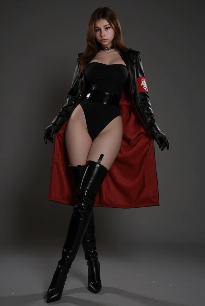 one beautiful woman, short stiletto boots, white military uniform, full body view, extrem long hair, cleavage, red hair, extrem short skirt,