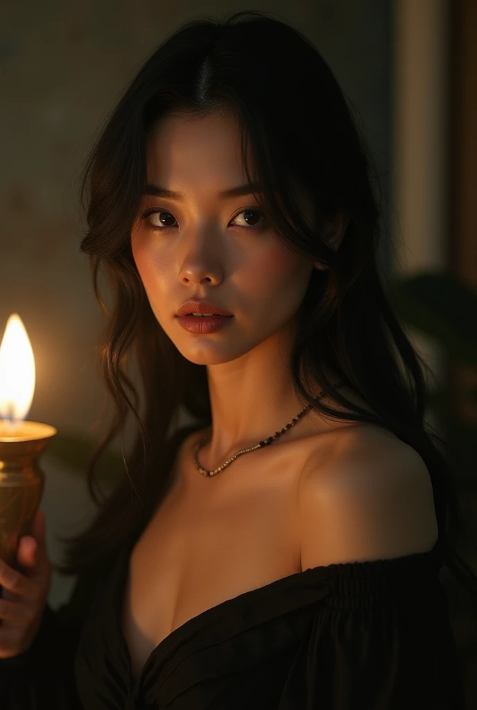 extreme close-up of beautiful korean female, 34 inch breasts size,  wearing black tank top, necklace , holding lantern, in the darkness room, UHD 