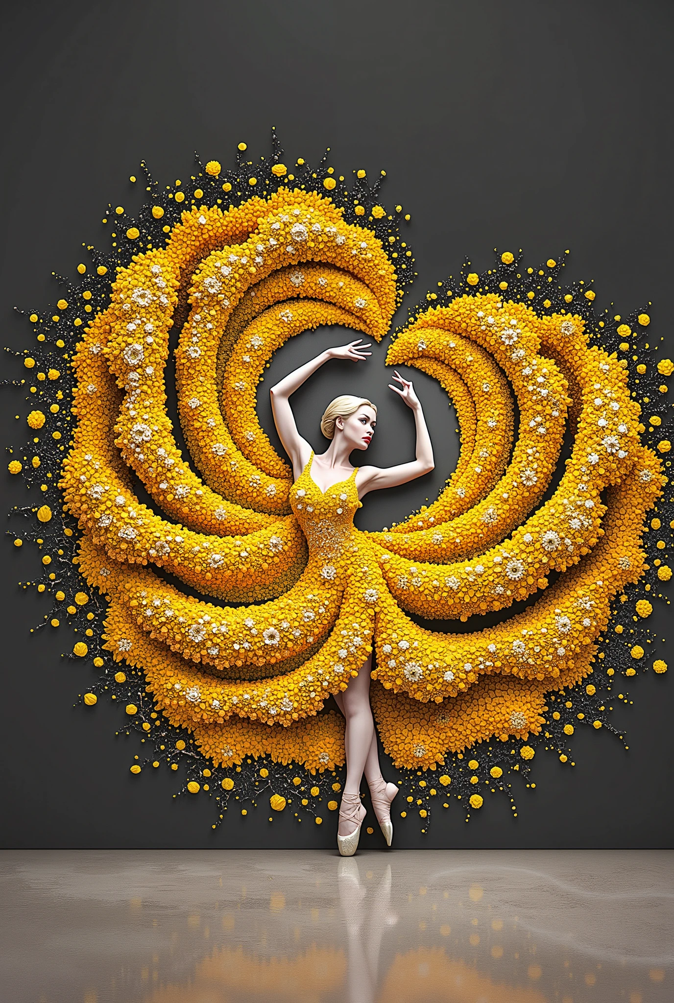 A full background, minimal collage artwork featuring a wide and long piece of yellow color blanket made of powdered grains of small flower petals covering and envelop a part of the body of a beautiful russian ballerina women, red lips, powdered grains of small flower petalse dress, The ends of powdered grains of small flower petals cloth fly up and stick to the wall expands upwards forming a beautiful luxurious and majestic blanket shape (symmetrical shape) stuck to the wall in unieqe pattern, black wall, Unique poses with flexible bodies, strange poses, unique and beautifu pose against the middle of wall, low light, beautiful and unique masterpiece. very detailed, high resolution, in terms of beautiful appearance, beautiful art, like a beautiful logo,Elegance,SurrealArtStyle,Elegance,Composition,Florinda