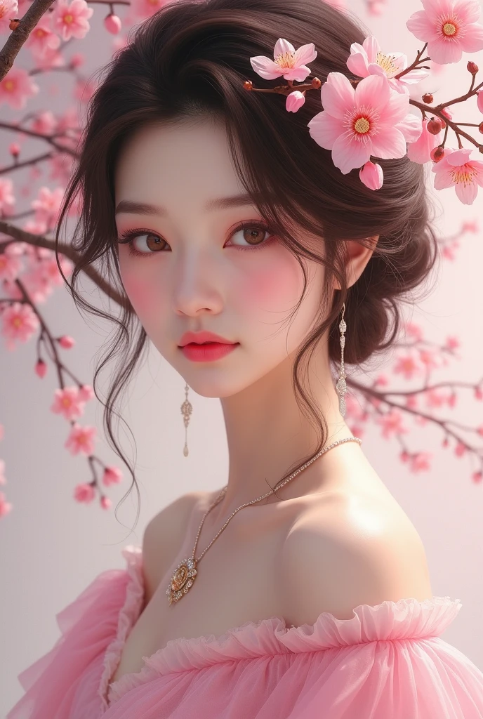 painting of a woman in a milky pink dress with a necklace, soft pink ...