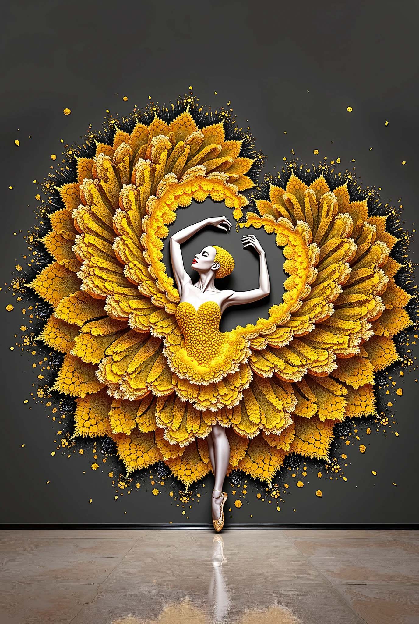 A full background, minimal collage artwork featuring a wide and long piece of yellow color blanket made of powdered grains of small flower petals covering and envelop a part of the body of a beautiful russian ballerina women, red lips, powdered grains of small flower petalse dress, The ends of powdered grains of small flower petals cloth fly up and stick to the wall expands upwards forming a beautiful luxurious and majestic blanket shape (symmetrical shape) stuck to the wall in unieqe pattern, black wall, Unique poses with flexible bodies, strange poses, unique and beautifu pose against the middle of wall, low light, beautiful and unique masterpiece. very detailed, high resolution, in terms of beautiful appearance, beautiful art, like a beautiful logo,Elegance,SurrealArtStyle,Elegance,Composition,Florinda