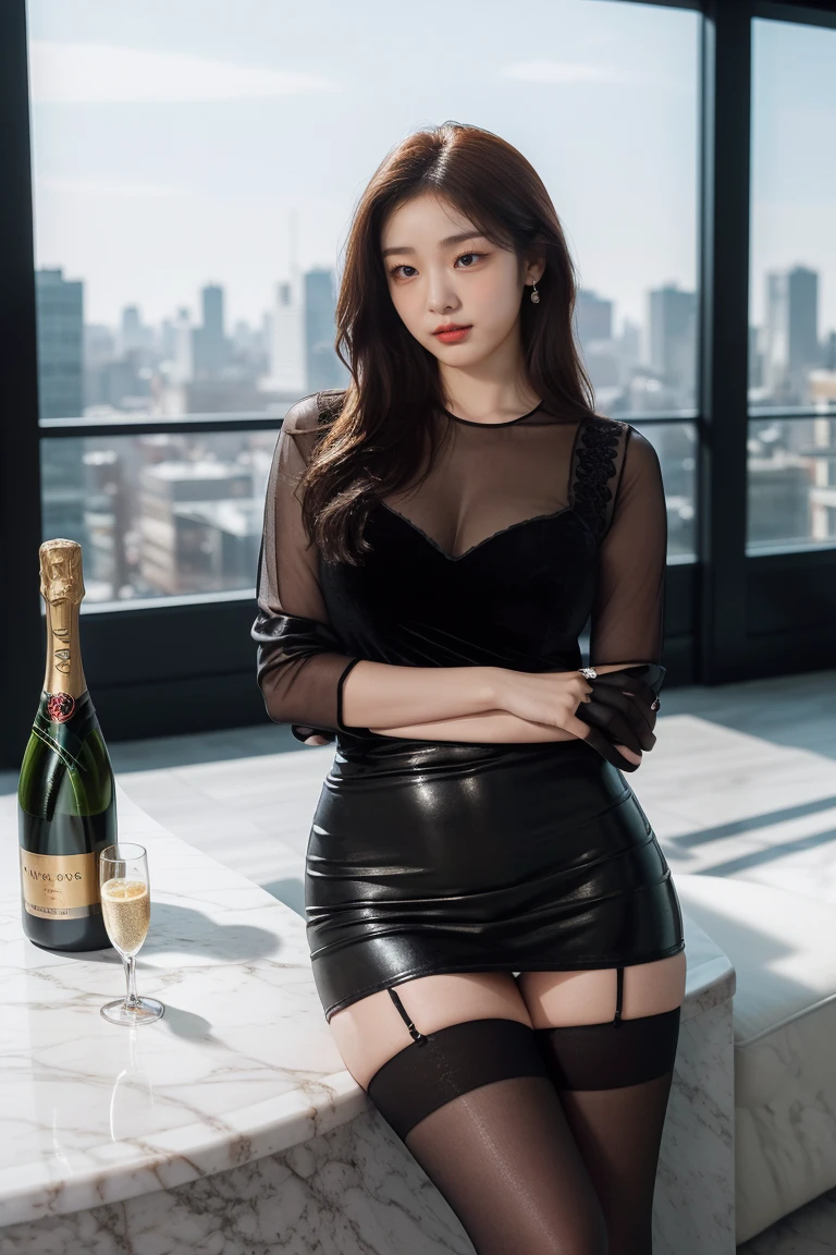 (it is) , Ryoko Yonekura alone at a nightclub, Surrounded by blurred figures, Holding a glass, Pour wine over your body, Her eyes are fixed on the viewer, Sit at the counter, Big Ass, Muscular body, A body soaked in wine, White and glowing skin, Black transparent stockings, High heels