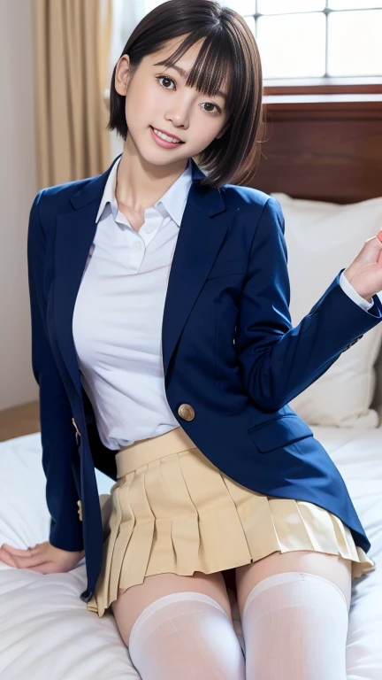 lens: 135mm f1.8, (Highest quality), (Beautiful 14 year old Japanese girl), (Moisturized lips), Narrow eyes, double eyelid, Delicate clavicle, Flat Chest , Embarrassed about my small, undeveloped breasts, smile, (Spotted sunlight: 1.2), Professional Lighting, (Petite figure), (Sunburned skin: 0.2), Full body photo, Full Body Focus, (Standing posture)、A neat and tidy honor student、Slender body、(A with a navy blue blazer:1.5)、Boyish, very very short hair in a ponytail、Stylish white bedroom、Ribbon on chest、Sweep all your hair back、Bending over with rope、first round,(((Completely naked))), The gesture of taking off a blazer