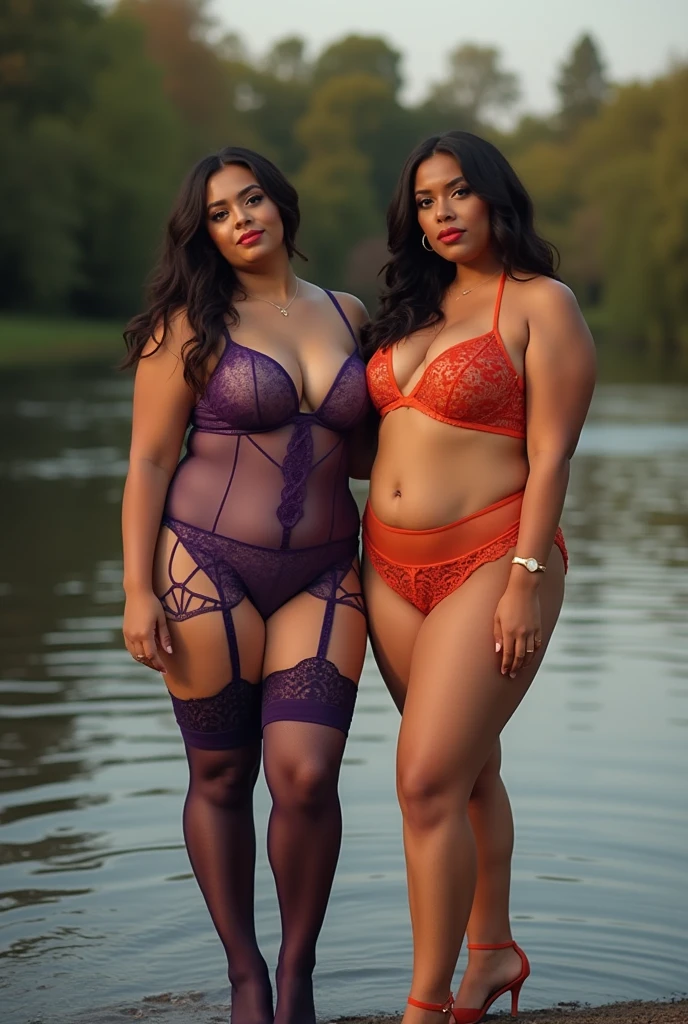 A beautiful braided mature Dominican women dressed in lingerie walking along the fields of Switzerland realistic