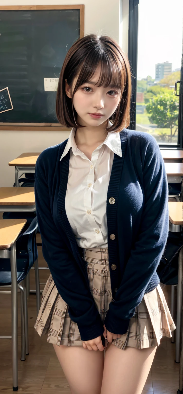 muste piece, best quality, illustration, Super detailed, fine details, High resolution, 8K,wall paper, perfect dynamic composition,(Details High quality, realistic depiction of eyes:1.3), wading, (nup, see through, wet:1.2), High School Classroom、High school girl uniform、Cardigan、Super Short Check Uniform Skirt、Navy blue high socks、garterbelts、Colossal tits、Disturbed uniform、short bob hair, black hair color, Big Natural Color Lip, bold sexy pose, (perfect body shape), crying a little、cold gaze, Harajuku style、20 year old girl、cute type, beautiful legs, hposing Gravure Idol, Voluptuous thighs