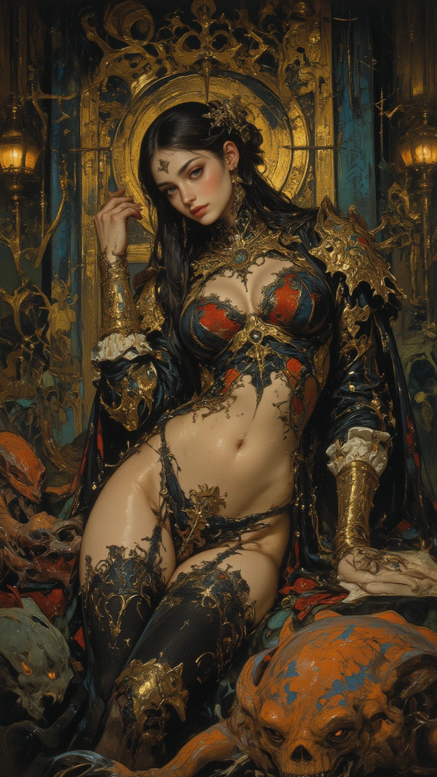 (nsfw, adult situation): A sensually positioned woman, artfully captured in a provocative pose. (One girl): A solitary figure, her body adorned with intricate tattoos. ((Alone)): Isolated in her intimate setting, she exudes an aura of self-confidence.
(Intimate setting): A dimly-lit room with a luxurious, velvet bedspread. (Close-up shot): A detailed depiction of her visage, featuring a mesmerizing gaze and lush, pink lips. (Oil painting, high-resolution): A masterful canvas, brimming with detail and vibrant colors, bringing the subject to life.
