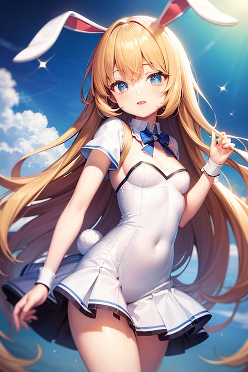 Ray Tracing,Highest quality,High resolution,bloom effect,Dynamic Angle,Light Shaft, particle lighting, Dynamic Light,One girl, alone, Wind,smile, ,Middle chest, Long blonde twin tails that reach above her ears, Ahoge, (Cyan striped hair:1.15), ,White blouse,See through clothing,Starry Sky,blue eyes, Hair Ribbon,Glowing Skin,Happy,Perfect lighting,Super detailed,8k,Realistic:0.5),Beautiful nipples,