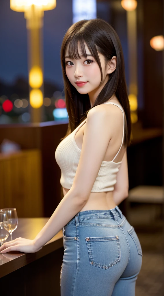 masutepiece, Best Quality, Illustration, Ultra-detailed, finely detail, hight resolution, 8K Wallpaper, Perfect dynamic composition, Beautiful detailed eyes, Off-shoulder t shirt and mini shorts,Bob Hair, mid-chest, Natural Color Lip, Random and sexy poses,Smile,20 years girl　Colossal 、nightclub、