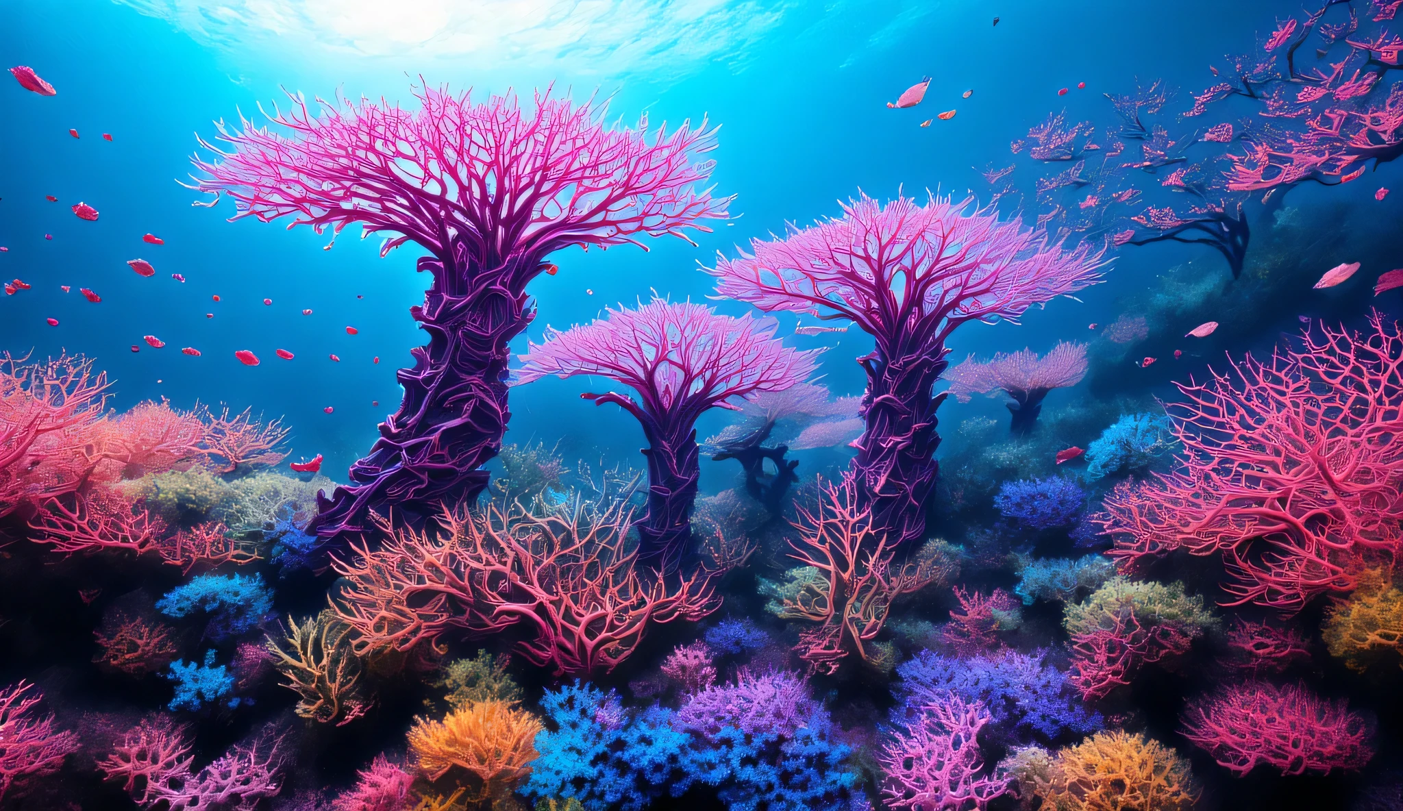 (In the water), Undersea heaven ,((Huge table corals with lots of fluorescent green branches stand in the center)),(( coral reefs with dense hard corals and soft corals )),Realistic Expression , shot with a fisheye lens  ,(( Multiple Fluorescent Green Corals )), (( are filled with 10,000 natural coral groups with lots of extremely colorful colors)), (Lots of butterfish are swimming ),(( lots of green and blue soft corals that emit fluorescent colors )), crystal clear water, , strong sunshine ,Vast coral reefs ,Detailed seaweed ,( lots of colorful tropical fish), large blue tropical fish , myriad cobalt sparrows , seahorses, lots of psychedelic starfish on the seabed , life,  lively colors, Serene atmosphere, Quiet, Swaying seaweed ,  array of vibrant colors ) , ( best quality , high resolution:1.2), (In the water photography), ( lively), (  soft diffused lighting  ), Orchestra of Highly Coloured Corals, Vast Seas ,Coral Reef,