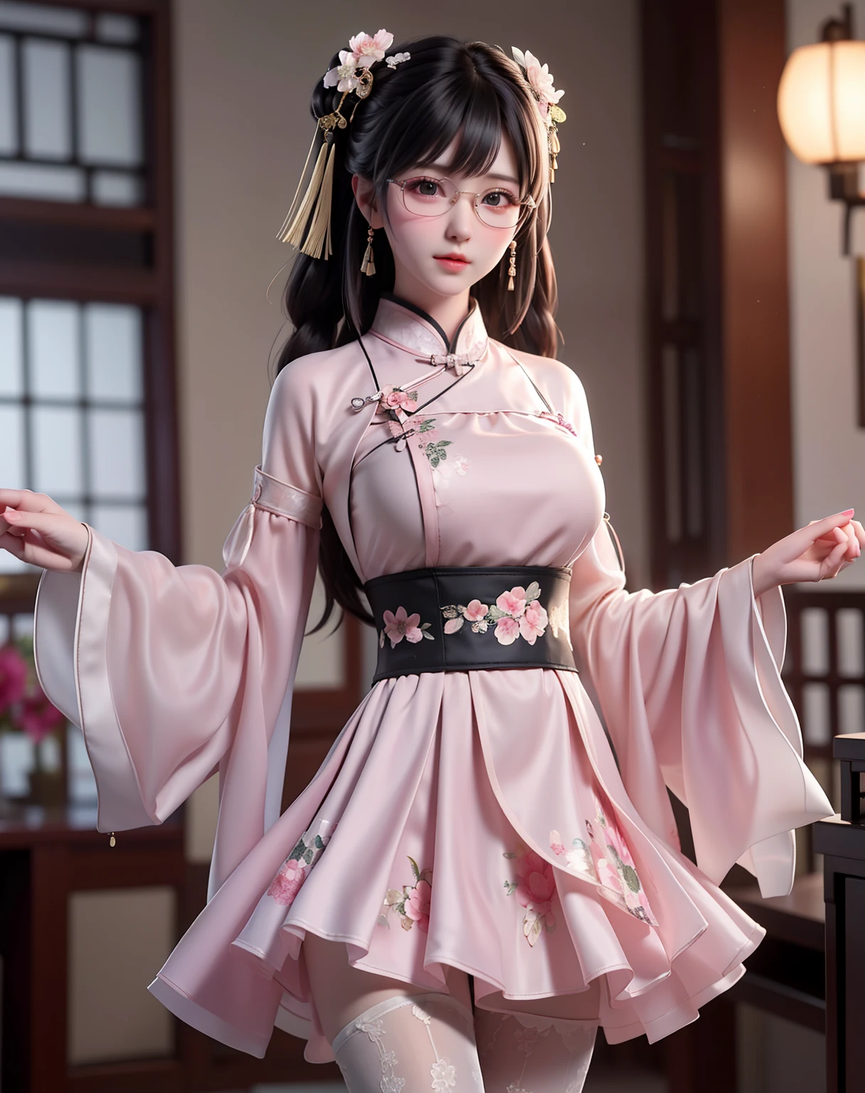 UHD (Ultra High Definition), 4K, Hyper Realistic, Superb Details, High Resolution:

This image showcases a 20-year-old pretty young girl with a perfect face, featuring delicate facial features, rosy cheeks, clear skin, and a captivating smile with brilliant white teeth and a dimple. She is dressed in traditional Chinese clothing, adorned with intricately woven hand accessories that add elegance to her decorated hair bun. Her dress flows gracefully around her, accentuating her slim waist and revealing large and firm breasts tenderly concealed. The large, firm buttocks proudly display her youthful curves, all while her covered skin radi