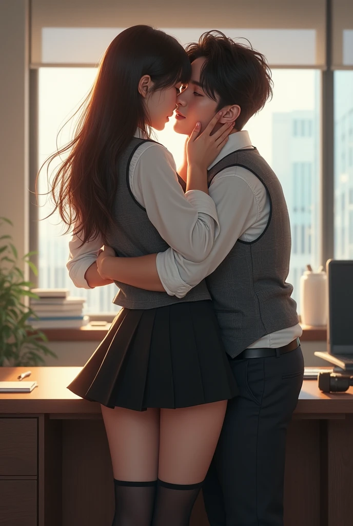 A couple of 1 girl and 1 man in an office kissing and hugging while sitting on a table, sweet and romantic scene, love
