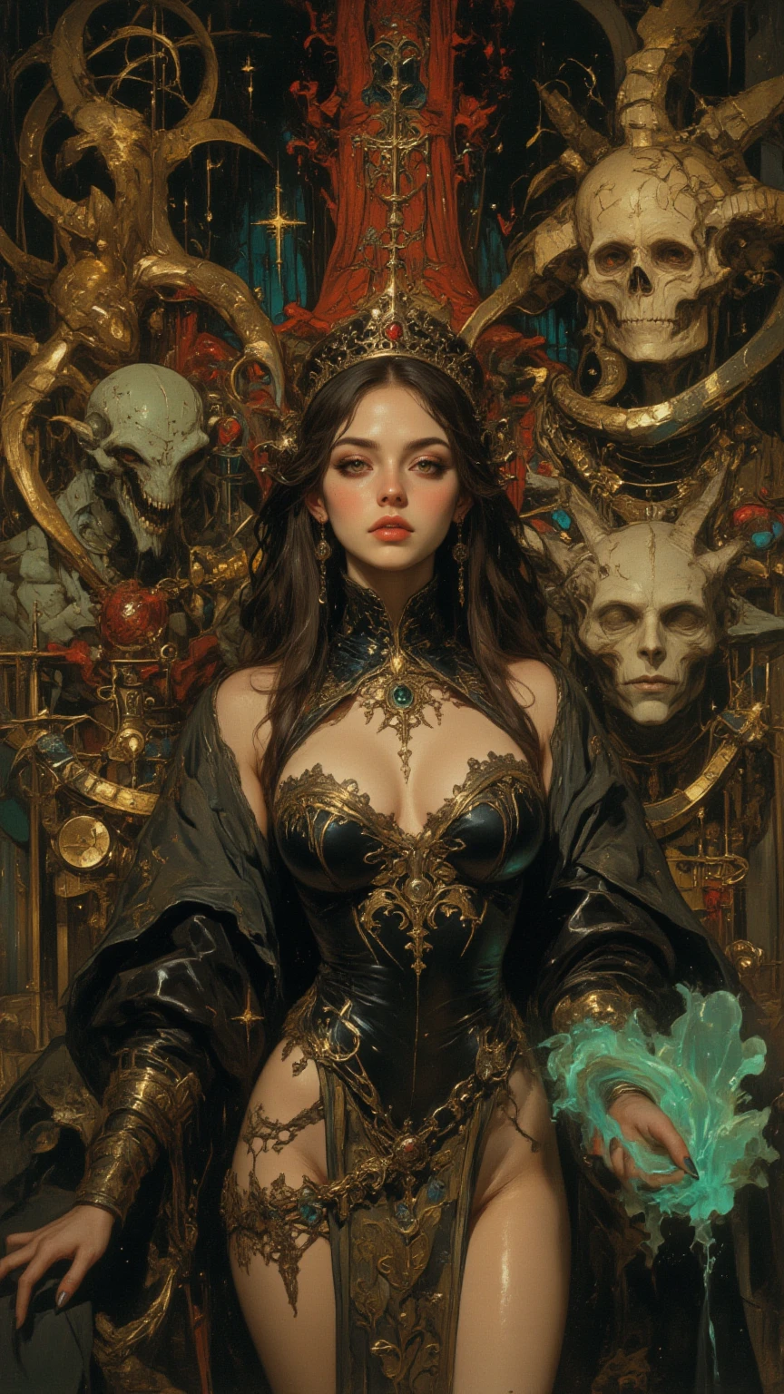 ((corpo inteiro)), (obra-prima, melhor qualidade, realista: 1.37), (intrincado e delicado), (pele e rosto altamente detalhados), (fundo preto), ((colorido)), 1 girl, bela rainha La Catrina em vestido preto adornado em prata, luxuosas vestes escuras com capuz, (com maquiagem dia de los muertos, maquiagem La Catrina), Dark roses and silver skulls adorn its fabric, (a large golden halo over his head), (tiara de rosas de metal negro), olhos azuis, (simbolismo religioso), (inspirado em Santa Maria, virgem maria, Rainha das Caveiras, La Catrina, Rainha dos Mortos, Lavi Zupa), (Foto realismo), fundo escuro, environment occlusion, cinematic soft lighting, alto contraste, tema escuro, papel de parede GC 8k, octane render, unreal engine, arte digital.
