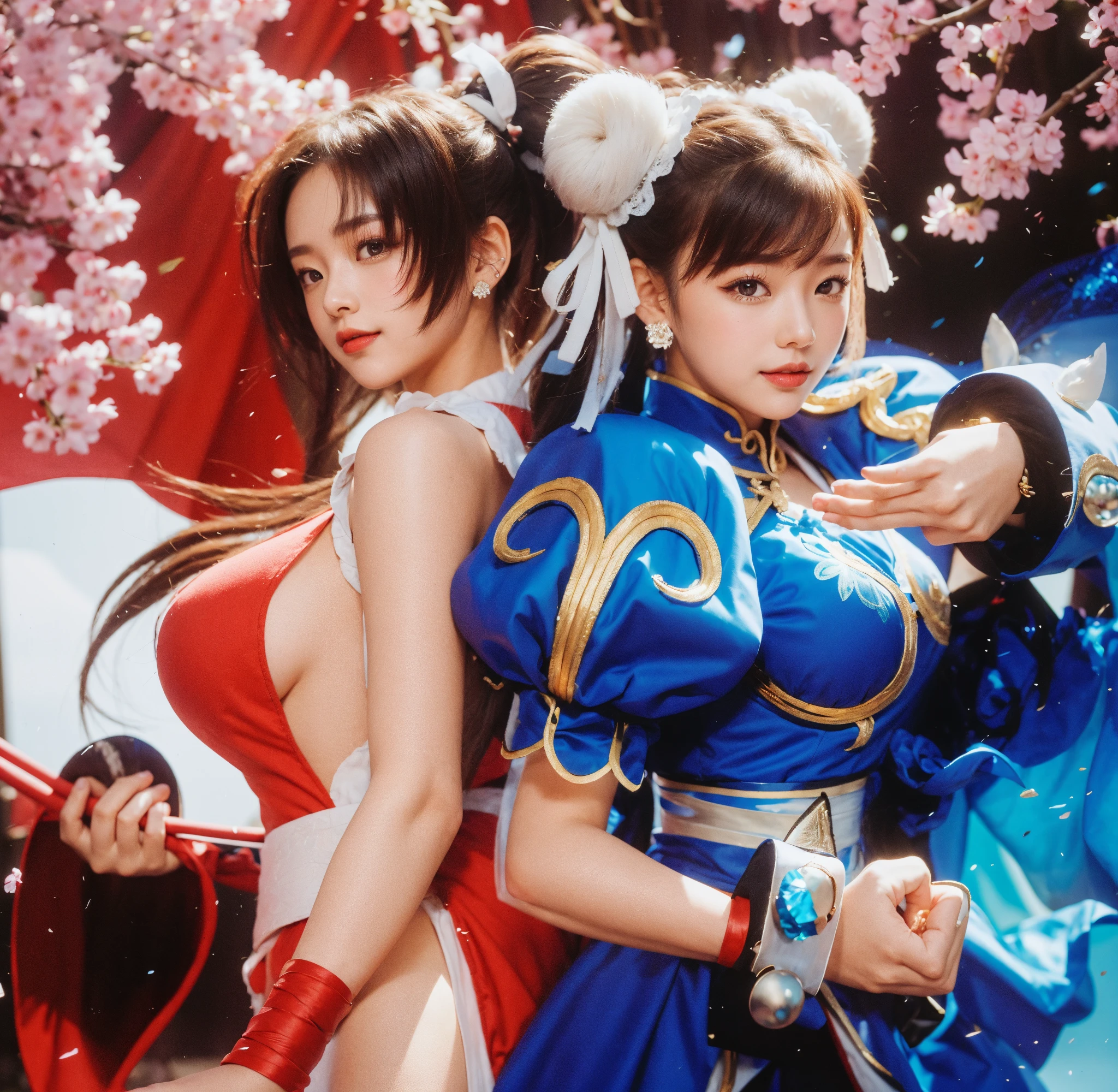 a couple of anime characters are posing for a picture, chun li, chun-li, chun - li, fighting game, king of fighters style, fighting game character, mai shiranui, portrait of chun - li, hd artwork, character from king of fighters, portrait of chun li, hq artwork, soul calibur, hd wallpaper, street fighter
