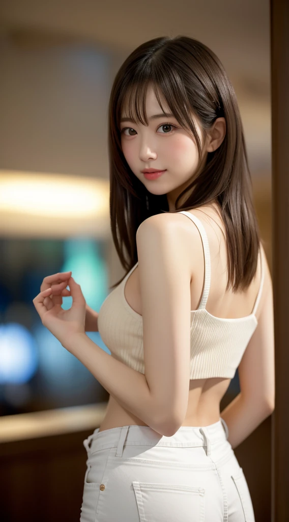 12 years old , 1 Girl,, Off the shoulder, smile, Summer Afternoon、Tank top、Extremely short skirt、healthy、Active、Play、Vibrant、Round face、slender、素敵なsmile、Delicate skin type、Looking up、Thick lips、Slit eyes、Slanted Eyes、Blushing、Belly button、Full body shot、barefoot、Back view、Turn around、Booty Pose