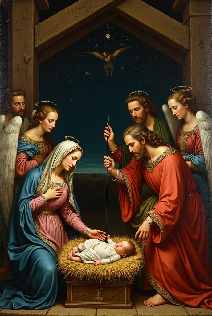 (((Blessed Virgin Mary with baby Jesus and angels. 19 years old))) ((( Con una cara seria y piadosa. Con una mirada dulce y tierna))) (obra maestra, calidad superior, mejor calidad, arte oficial, beautiful and aesthetic: 1.2), (1girl), extremadamente detallado, (Arte fractal: 1.3), colorido, highest detailed, Cara perfecta, parte superior del cuerpo, HDR, (orando: 1.3), (golden lines of white coat: 1.2), galaxia, (rayas de luz), eye-catching visuals, (dynamic stripes, senderos luminosos: 1.2), colores vibrantes,