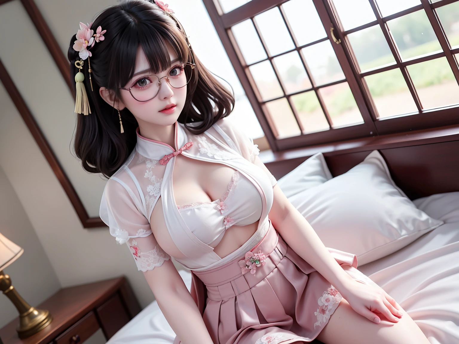 stewardess, beautiful girl, nipples are visible, Beautiful Asian lady, 18 years, Model, Japanese, glitter, gray hair, long hair, bang, ponytails, braids, Colorful wavy curls, sticky hair stands out, bright makeup, detailed face, huge breasts, slim waist, open chest, Glasses, night sky, Moonlight, wants sex, sits on all fours, wide hips, legs in different directions, Vaginal orchids, Garter stockings, A mixture of bright lights and colorful nebulae, sleeves with ribbon, wind, golden veil, sexuality, pink tight miniskirt, shiny iridescent plastic
