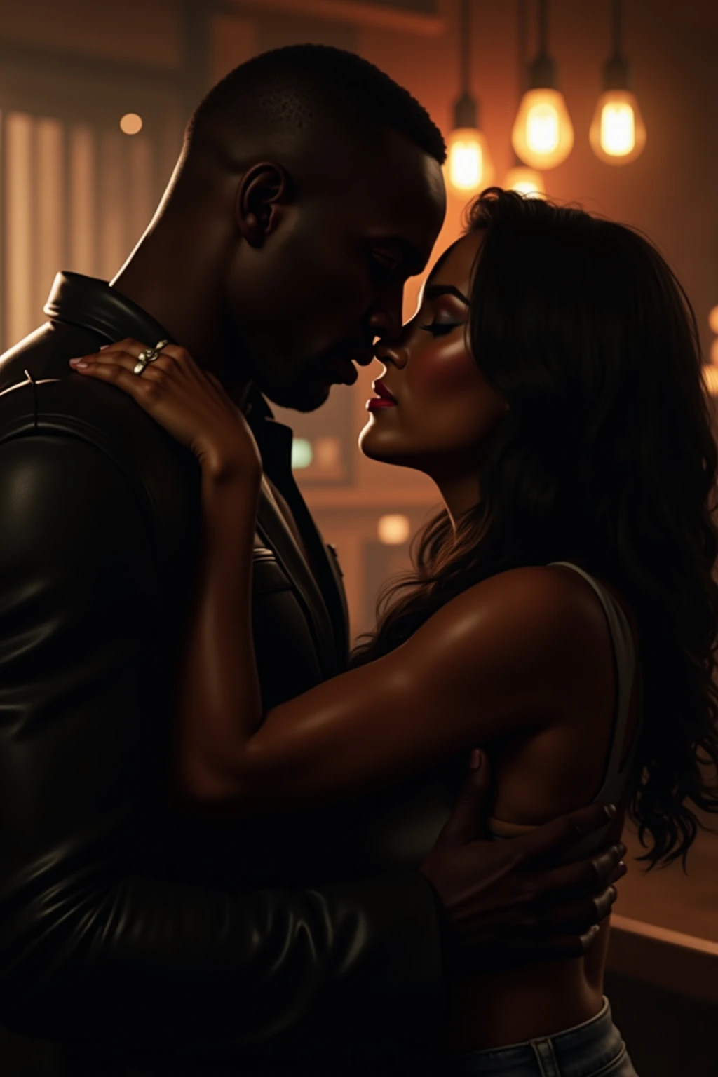 (Photorealsitic:1.4), (masterpiece:1.3), (top-quality:1.4), ((ultrarealistic)), HD 8k,  (Sharp focus: 1.2), (Focus on the face:1.4), 
well proportioned full body of 
Claire ((shy innocent and little 30 years blonde woman) and 
Tyron ((big over muscular ) and dominant black man 30 years ), much taller than Claire,
Claire with bright expression, (extremely beautiful: 1.2), amazing beautiful, extraordinary beautiful, Detailed cute femenine and beautiful face, Detailed facial features ,Perfect Style, Beautiful Face, Anatomically correct, Highly detailed face and skin texture,  Natural Cheeks, subttle Glowing white skin, Fair skin: 1.3, (Glossy Lips: 1.4), Attractive light blonde very short straight silky hainer bob hair, Attractive glowing beautiful bright clear light blue big naive eyes, double eyelids, fine little sensual nose, femenine little mouth with big full red pucky lips, thin chin,  freckles, narrow long neck, femenine narrow shoulders, detailed eyes and face, long eyelashes, elegant lady, subtle makeup, extremely  beautyful tonned  legs, extremely nice perky ass, narrow waist, defined and tonned belly. sexy hips,, full Lush bust, 
Tyron is a dangerous man, handsome and extremely masculine, (strong and muscular legs chest and arms), wide shoulders, powerful jaw, (black bald man), (without beard: 1.1), 
(cozy night dance club ), [background], 
alternative vibe,vibrant lighting, high contrast,dramatic shadows,highly detailed,detailed skin,depth of field,dynamic angle, 
Claire is wearing a ((knee length) black elegant dress) matching detailed hig heels, 
Tyron is wearing a gray lycra tight t-shirt showing his muscles,
(Claire and Tyron sitting in a couch in dance club, (Tyron one arm cross Claire back holding her waist and other hand touching her thigh), Claire looking at viewer with closed eyes and Tyron looking her legs: 1.2), extremely intimate pose, 
full body view, desire look, (complete full body view: 1.0)